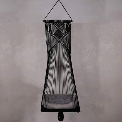 Macrame Hanging Cat Hammock Bed Cat Swing House Space Saving Window Perch with Washed Cotton Cats Toy Tassel Basket Tapestry (Black, Swing Bed+Cushion, L)