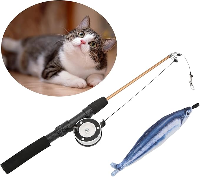Cat Fishing Pole Toy, Fishing Pole Cat Toy Cat Teaser Wand Cat Wand Toys Flexible Interactive Pulley Telescopic Fishing Rod Cat Toy (Saury+Fishing Rod)
