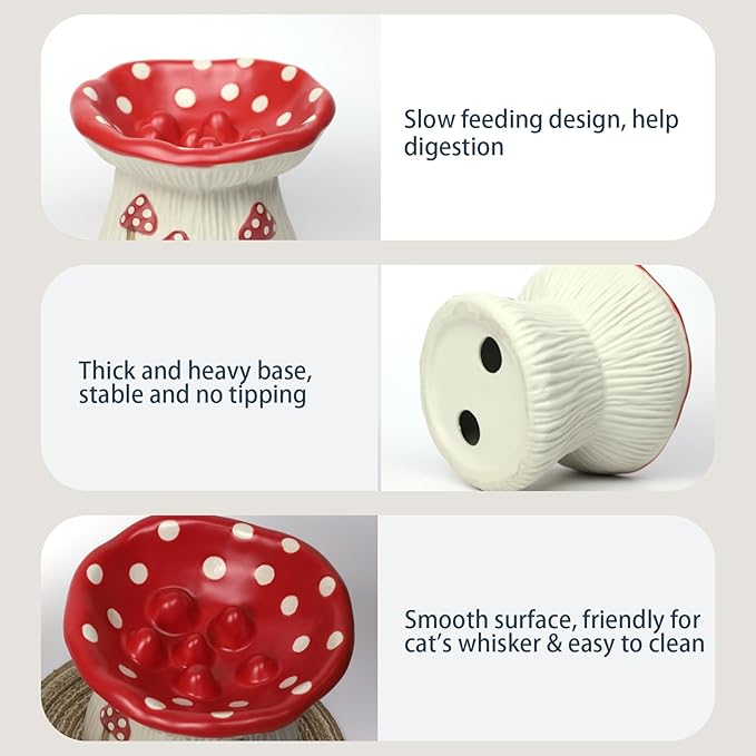 Ceramic Cat Slow Feeder, Cute Mushroom Shape Elevated Food Bowl, Shallow Raised Cat Dish, Anti Vomiting Whisker Fatigue Bowls