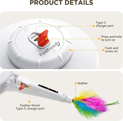 FEELNEEDY Rechargeable Cat Toys, 2 in 1 Hide and Seek Game Interactive Cat Toy, Movable LED Red Dot, Moving Concealed Feathers, Durable Exercise Toys for Indoor Cats, Bored Adult Cats Wand Toy