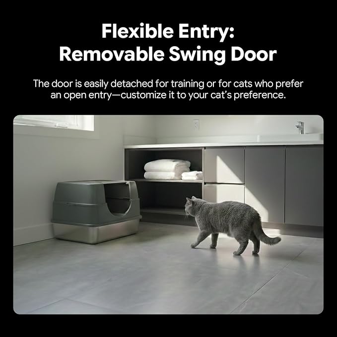 Enclosed Stainless Steel Cat Litter Box, Metal Litter Box with Lid, Hooded Kitty Litter Pan, Non-Stick & Never Absorbs Odors, Durable for Multi Cats (Include Scoop)