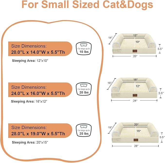 Small Dog Bed Orthopedic Washable: Beds Bolster Small Sized Dogs Cats Bed Egg Crate Foam Couch Sofa Waterproof with Removable Cover - Beige