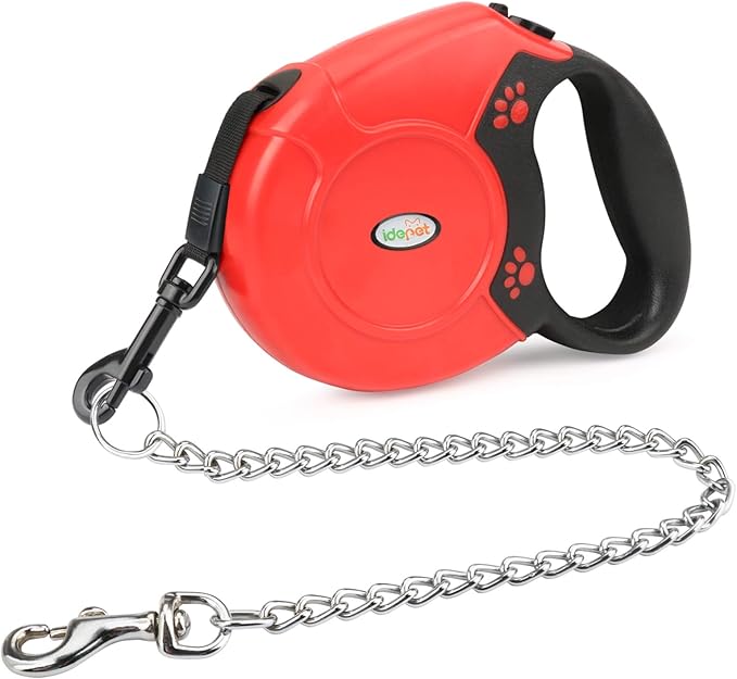 Idepet Heavy Duty Retractable Dog Leash for Small and Medium Dogs, Anti-Chewing Steel Chain 360 Degree Tangle-Free,Break and Lock System,16ft Leash for Dog Walking (Red, Flat Rope)