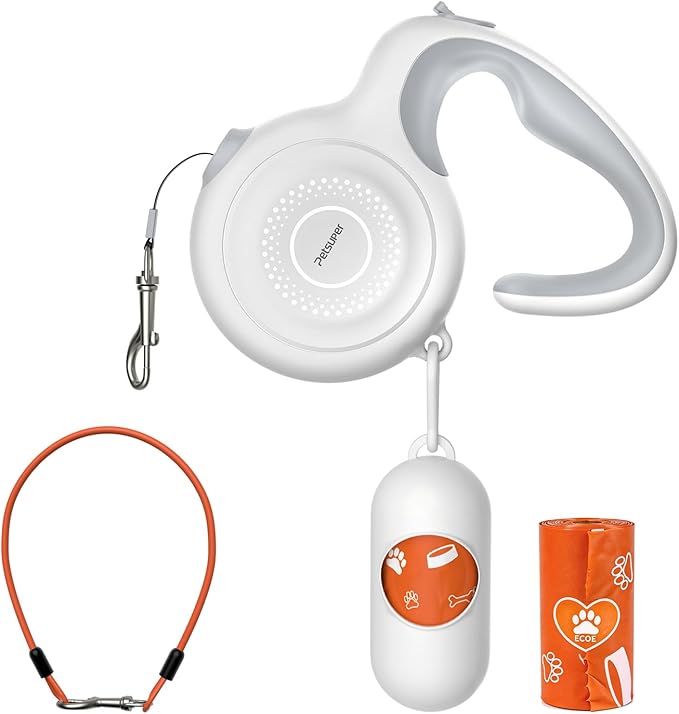 10Ft Auto-Brake Retractable Dog Leash with Chew-Proof Steel Cable, 360° Tangle-Free, Shock Absorbing, Built-in Poop Bag Dispenser, Ergonomic Comfort Grip Handle for Small Medium Dogs Up to 60lbs