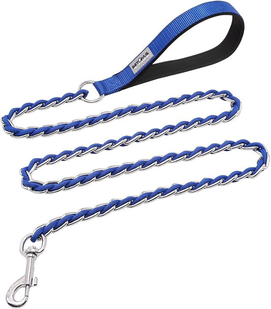 Chain Dog Leash Chew Proof Metal Leash for Medium Large Dogs, Chain Link Dog Anti Chew 5.2FT / 4FT Strong Anti Bite Comfortable Soft Padded Handle (Blue, 5FT(80-150lb))