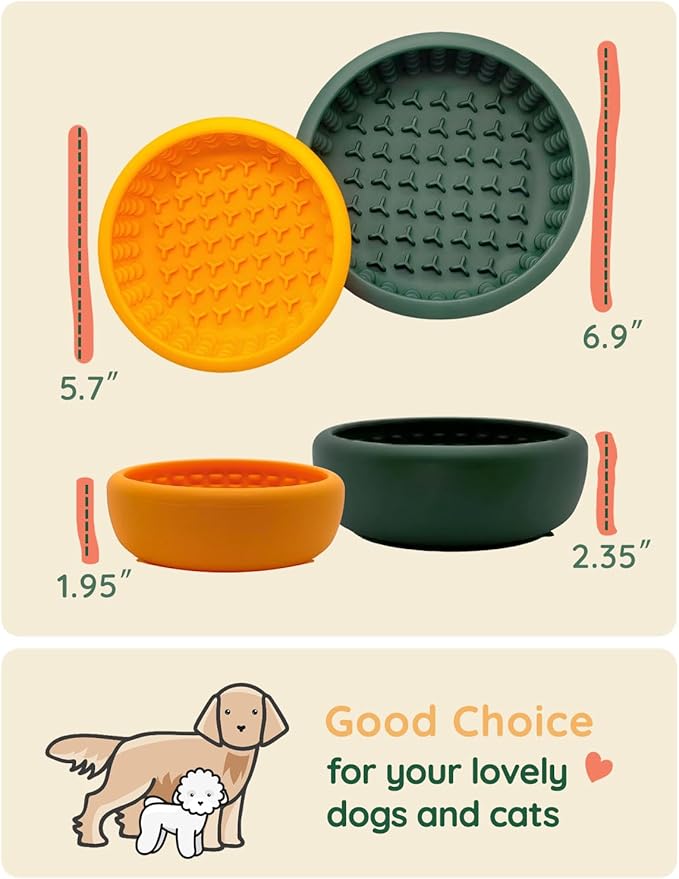 Dog Lick Bowl 2PCS, Silicone Lick mat with Non-Slip Suction Base, Freeze-Friendly Slow Feeder Bowl for Dog Enrichment, Small Orange & Medium Dark Green (5.7" x 1.95" & 6.9" x 2.35")