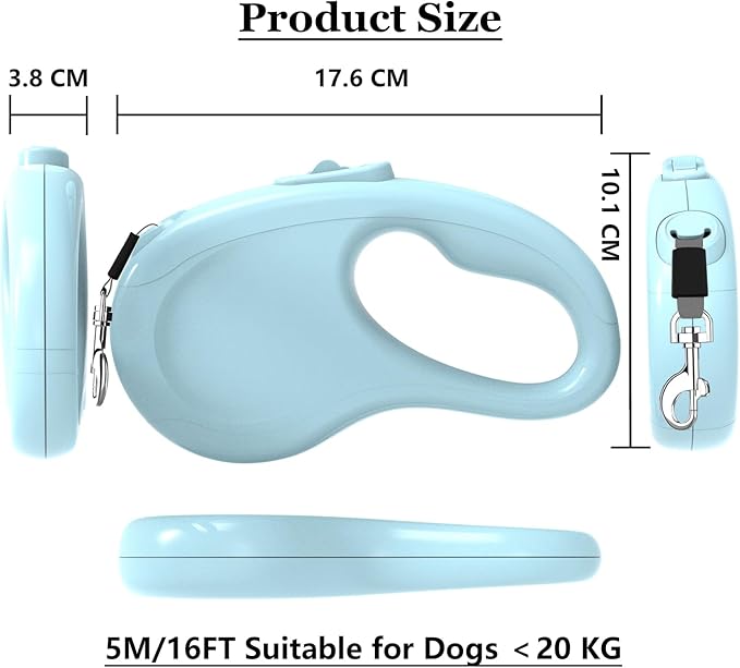 Retractable Dog Leash, 16Ft/5M Light Weight Retractable Leash for Small Medium Dogs/Cats Up to 50lbs, Strong Nylon Tape 360° Tangle-Free One-Hand Brake (Blue)
