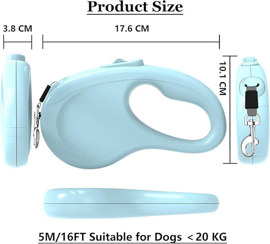 Retractable Dog Leash, 16Ft/5M Light Weight Retractable Leash for Small Medium Dogs/Cats Up to 50lbs, Strong Nylon Tape 360° Tangle-Free One-Hand Brake (Blue)