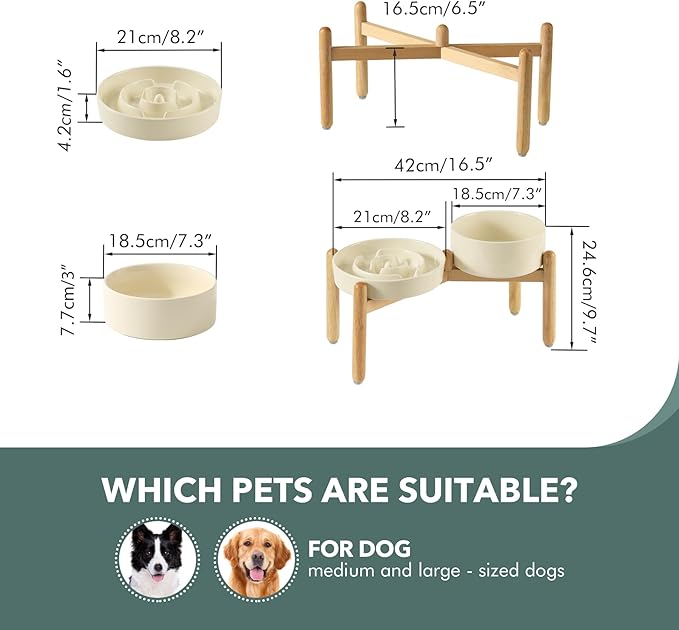 Ceramic Raised Slow Feeder Dog Bowl Set, Elevated 7.3inch Bowl and 8.2inch Puzzle Slow Dish with Wooden Stand for Medium and Large Dog, Anti-Gulping (2X Light Yellow+ Stand)