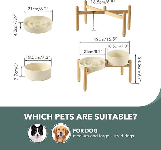 Ceramic Raised Slow Feeder Dog Bowl Set, Elevated 7.3inch Bowl and 8.2inch Puzzle Slow Dish with Wooden Stand for Medium and Large Dog, Anti-Gulping (2X Light Yellow+ Stand)