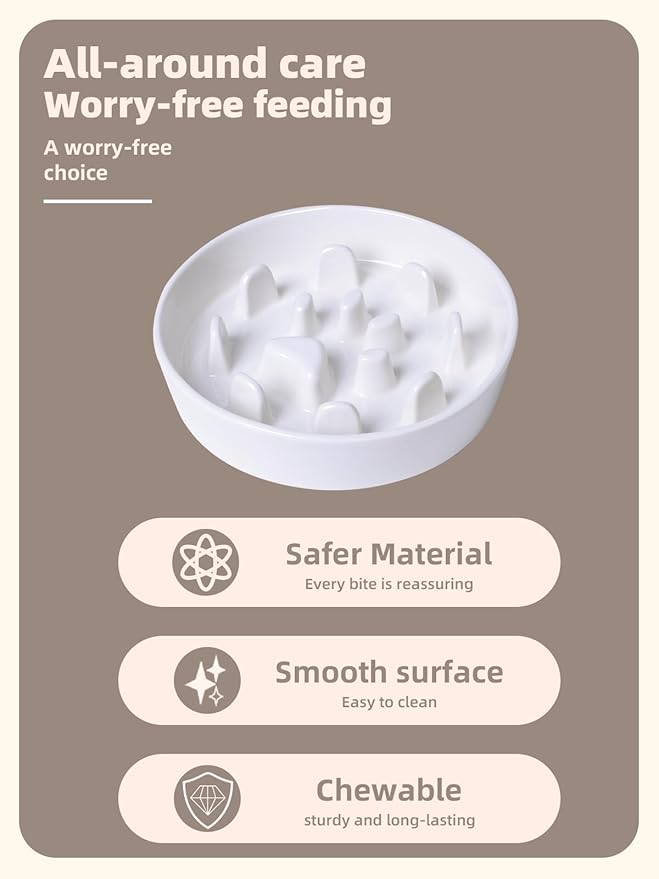 Dog Slow Feeder Bowl, Round Ceramic Pet Food Bowl for Medium Breed, Fun Raised Dog Bowls to Slow Down Eating (White)