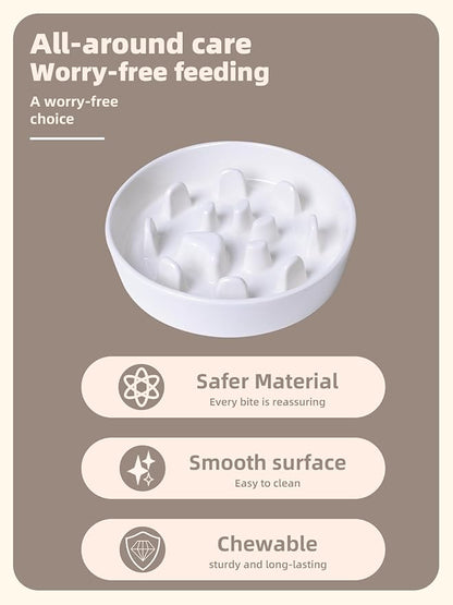 Dog Slow Feeder Bowl, Round Ceramic Pet Food Bowl for Medium Breed, Fun Raised Dog Bowls to Slow Down Eating (White)