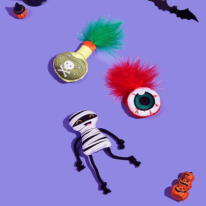Catnip Toys for Indoor Cats – 3-Pack Halloween Plush Cat Interactive Toys with Mummy, Feather Eyeball, and Potion Bottle Designs
