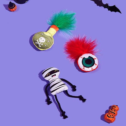Catnip Toys for Indoor Cats – 3-Pack Halloween Plush Cat Interactive Toys with Mummy, Feather Eyeball, and Potion Bottle Designs