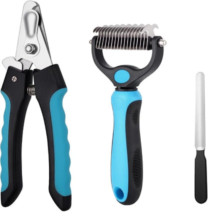 Kuzey Home Pet Nail Clipper & Deshedding Comb Set for Cats and Dogs, Safety Guard to Help Prevent Overcutting, Stainless Steel Blade, Non-Slip Handle, Includes Nail File