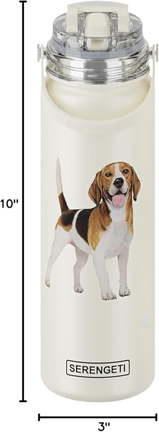 SERENGETI 24 Oz Water Bottle Stainless Steel with Spill Proof Lid - Double walled Vacuum Insulated water flask - Realistic 3D Print of your favorite dog (Beagle)