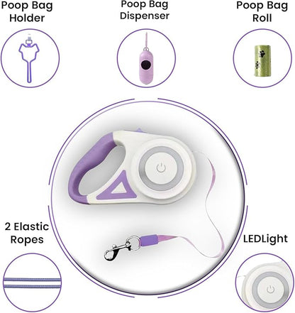 Best Dog Supplies | Pink Retractable Dog Leash with Light, Poop Bag Dispenser, Poop Bag Holder, 2 Elastic Ropes | Set of 4 (Purple)