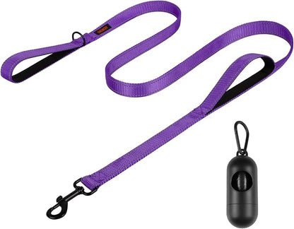Heavy Duty Dog Leash with Double Handles - 6FT Reflective Anti-Pull Training Lead for Large Dogs, Padded Handle Durable Nylon Leash (Purple)