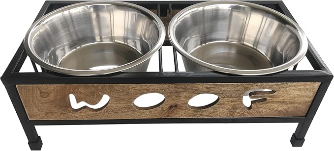 Indipets WOOF Design Wooden and Iron Stand with Stainless-Steel Bowls, Elevated Dog Feeder Bowls with Stand, Raised Bowls for pet (Medium)