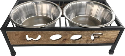 Indipets WOOF Design Wooden and Iron Stand with Stainless-Steel Bowls, Elevated Dog Feeder Bowls with Stand, Raised Bowls for pet (Medium)