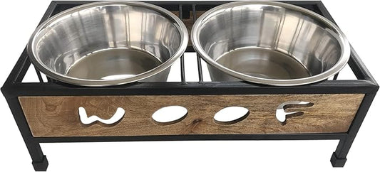 Indipets WOOF Design Wooden and Iron Stand with Stainless-Steel Bowls, Elevated Dog Feeder Bowls with Stand, Raised Bowls for pet (Medium)