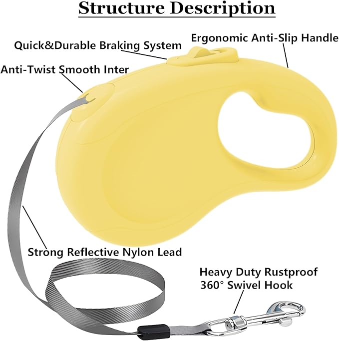 Retractable Dog Leash, 16Ft/5M Light Weight Retractable Leash for Small Medium Dogs/Cats Up to 50lbs, Strong Nylon Tape 360° Tangle-Free One-Hand Brake (Yellow)