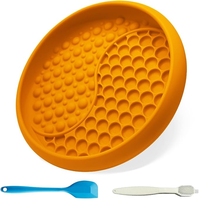 Dog Lick Bowl, Non-Slip Slow Feeder Dog Bowl, Silicone Licking Mat with Treat Dispenser, Entertainment Dog Puzzle Play, Feeder Bowl to Relieve Anxiety, Dishwasher Safe,with Brush & Spatula (Orange)