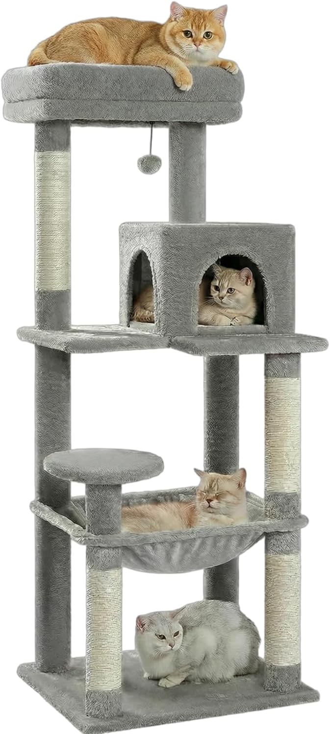 Cat Tree for Large Cats Adult with Metal Plush Big Hammock, 56.3" Cat Tower with 2 Door Condo House, 6-Tier Cat Shelves with Scratching Posts and Large Top Perch, Gray