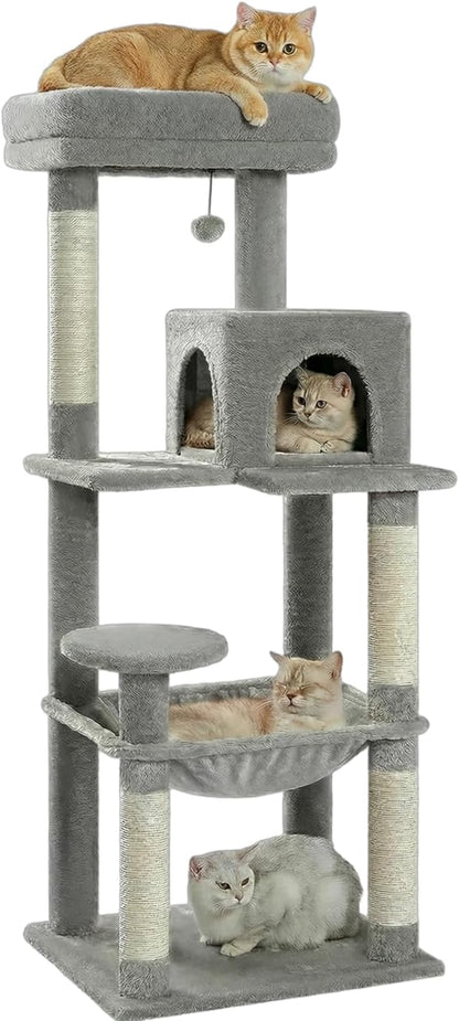 Cat Tree for Large Cats Adult with Metal Plush Big Hammock, 56.3" Cat Tower with 2 Door Condo House, 6-Tier Cat Shelves with Scratching Posts and Large Top Perch, Gray