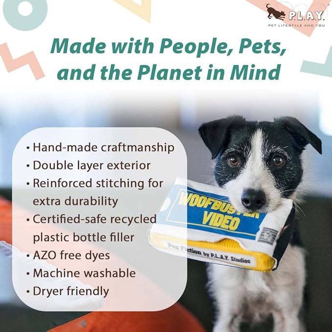P.L.A.Y. Cute Plush Dog Toys - 1990s Classics Themed Durable Squeaker Crinkle Chew Toy, Great for Puppies & Small, Medium, Large Dogs - Machine Washable, Recycled Materials (Woofbuster Video Tape)