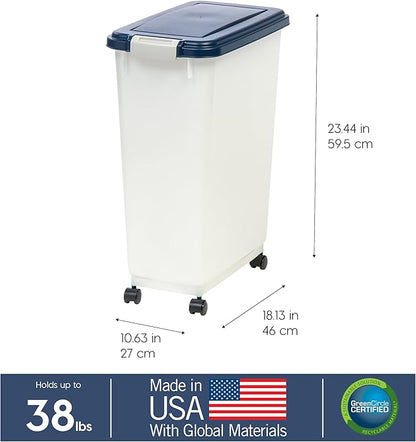 IRIS USA Airtight Dog Food Storage Container, Up to 38 lbs, Attachable Wheels, For Dog Cat Bird and Other Pet Food Storage Bin, Keep Fresh, Easy Mobility, BPA Free, Navy/Pearl