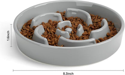 Slow Feeder Dog Bowl, Ceramic 8.3 inch Dog Food Bowls for Small, Medium, and Large Breed, Anti-Slip Maze Puzzle Food Dish to Slow Down Eating (Grey, 8.3 inch)