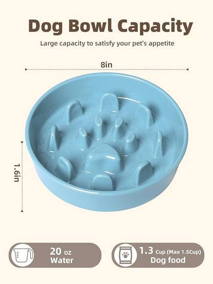 Dog Slow Feeder Bowl, Round Ceramic Pet Food Bowl for Medium Breed, Fun Raised Dog Bowls to Slow Down Eating (Turquoise)