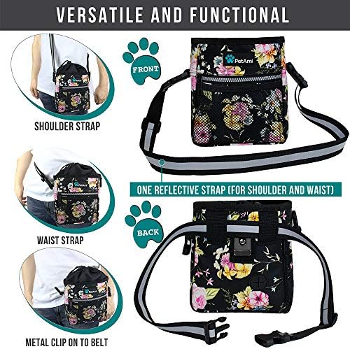 PetAmi Dog Treat Pouch, Pet Treat Pouch for Training, Dog Walking Bag Holder for Kibbles, Pet Food Toy, Dog Trainer Essentials Supplies, Poop Bag Dispenser, 3 Ways to Wear (Floral Black) - Image 4