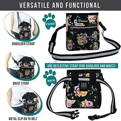 PetAmi Dog Treat Pouch, Pet Treat Pouch for Training, Dog Walking Bag Holder for Kibbles, Pet Food Toy, Dog Trainer Essentials Supplies, Poop Bag Dispenser, 3 Ways to Wear (Floral Black) - Image 4