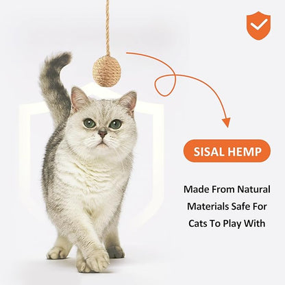 2 Inch Cat Toy Ball with 10 Inch Sisal Rope Wrapping & Quiet Bell - Natural Sisal Material for Endless Feline Fun