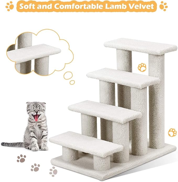 Tangkula Pet Stairs for Cats and Dogs, 4-Step Carpeted Ladder Ramp Cat Climber Cat Scratching Post, Multi-Step Dog Stairs for High Beds, Couch (Grayish White)