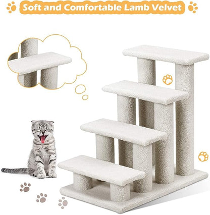 Tangkula Pet Stairs for Cats and Dogs, 4-Step Carpeted Ladder Ramp Cat Climber Cat Scratching Post, Multi-Step Dog Stairs for High Beds, Couch (Grayish White)