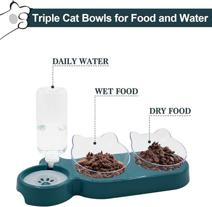 Triple Cat Bowls with Water Dispenser, Pet Water and Food Bowl Set with Non-Slip Mat and Scoop, 15° Tilted Double Dog Cat Bowls, Wet and Dry Food Bowl Set for Cats & Small Dogs (Dark Blue)