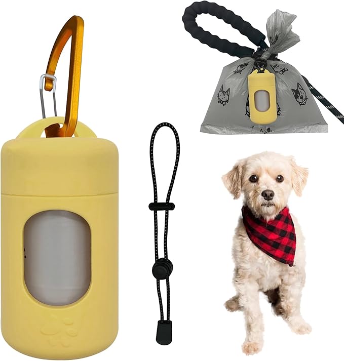 Dog Poop Bag Dispenser for Leash with Snap Clip, Skin-friendly Texture Waste Bag Holder for Dog Walks and Cats, Pets Litter Bag Container, Indoor & Outdoor Use (Yellow, 1)