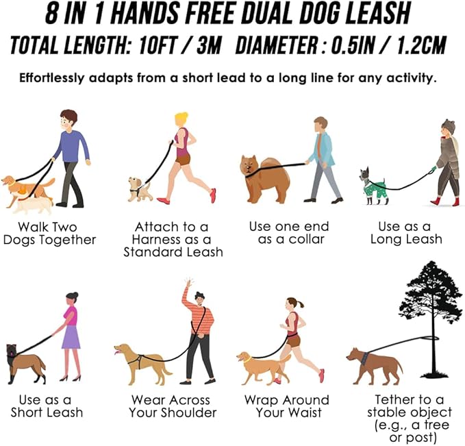 Lukovee Hands Free Dog Leash, 10FT Adjustable Training Lead 1/2 Inch Nylon Heavy Duty Lead No Pull for Large Medium Dogs, Tangle Free Reflective Waist-Leash for Walking Running, Black&Gray