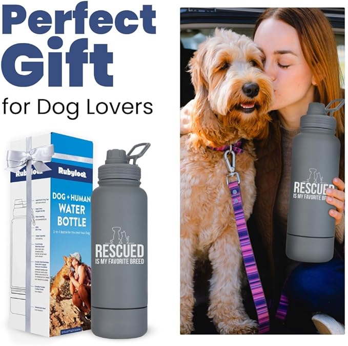 Rescue Dog Lover Water Bottle – 32 oz Stainless Steel Double Wall Insulated with 8 oz Detachable Bowl – Animal Rescue Gifts for Dog or Cat Lovers – “Rescued is My Favorite Breed” – Smoky Grey