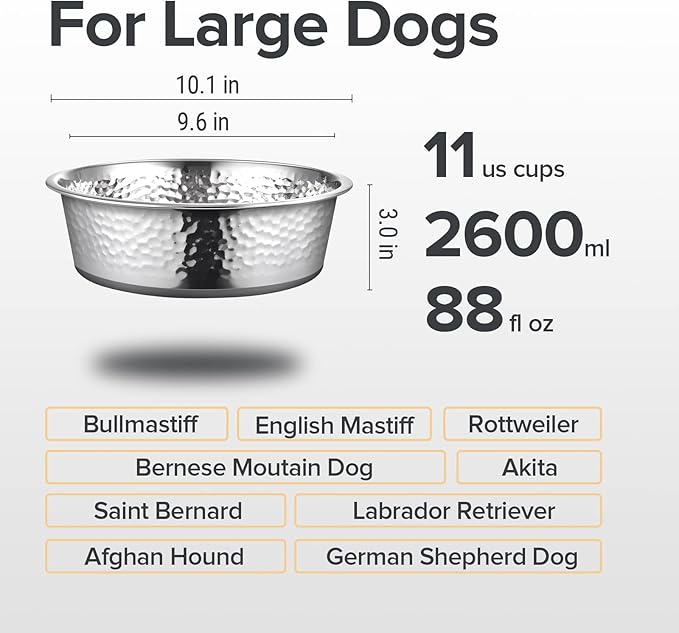 URBUDDIES 2 Pack Hammered Stainless Steel Dog Bowls, Premium Metal Dog Bowls with Non Slip Rubber Bottom, Dishwasher Safe, Easy to Clean, 11 Cup, Gray Bottom