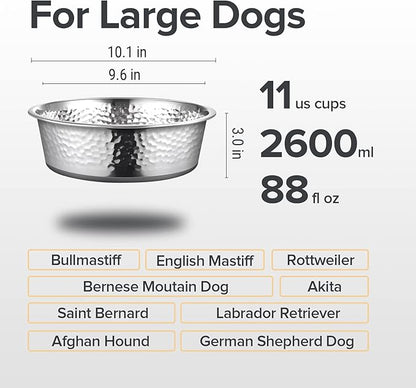 URBUDDIES 2 Pack Hammered Stainless Steel Dog Bowls, Premium Metal Dog Bowls with Non Slip Rubber Bottom, Dishwasher Safe, Easy to Clean, 11 Cup, Gray Bottom