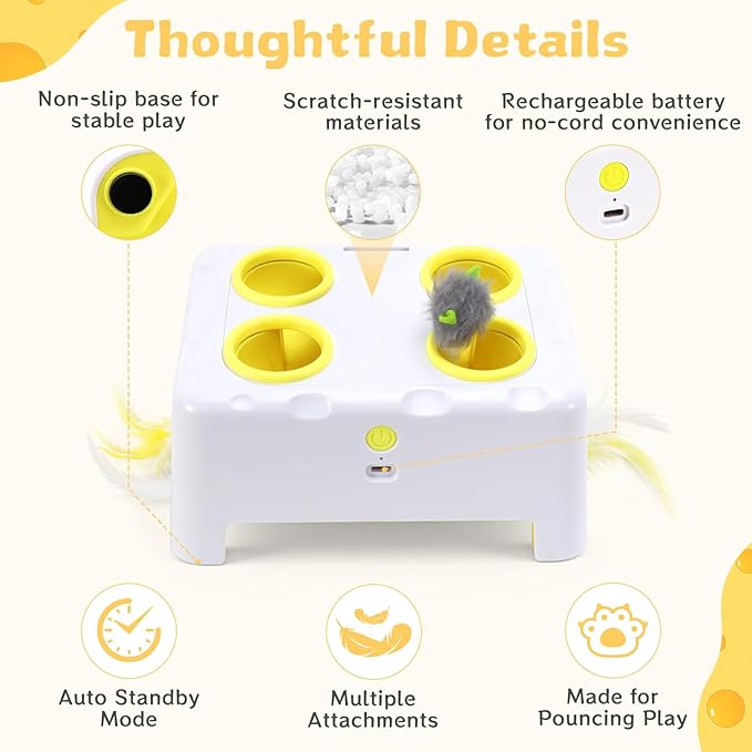 Cheese Box Interactive Cat Toy for Indoor Cats, 3-in-1 Whack a Mole Feather Toy, 3 Modes Rechargeable Auto Cat Toys for Bored Cats, 4 Holes Kitten Toy, 4 Accessories (White)