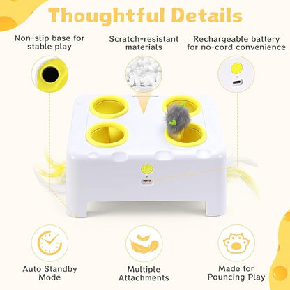 Cheese Box Interactive Cat Toy for Indoor Cats, 3-in-1 Whack a Mole Feather Toy, 3 Modes Rechargeable Auto Cat Toys for Bored Cats, 4 Holes Kitten Toy, 4 Accessories (White)