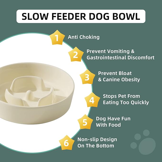 Ceramic 0.9 Cup Dog Bowl Slow Feeder for Small Dog, 6.1inch Pet Slow Feeder, Stop Bloat, Preventing Choking(Single Bowl-Light Yellow)