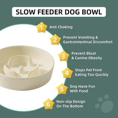 Ceramic 0.9 Cup Dog Bowl Slow Feeder for Small Dog, 6.1inch Pet Slow Feeder, Stop Bloat, Preventing Choking(Single Bowl-Light Yellow)
