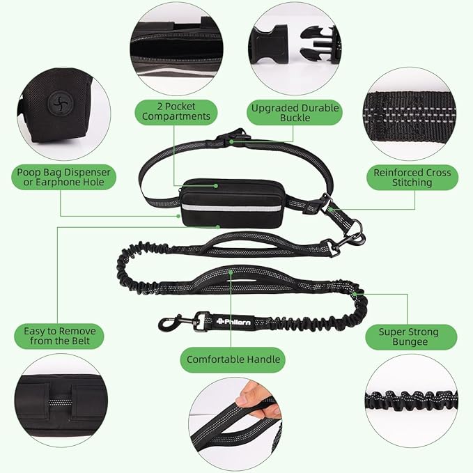 Philorn Hands Free Dog Leash with Pouch, Adjustable Waist Leash for Dog Walking, Running Leashes for Medium Large Dogs, Waist Dog Leashes with Dual Handles and Durable Bungee for Jogging Hiking