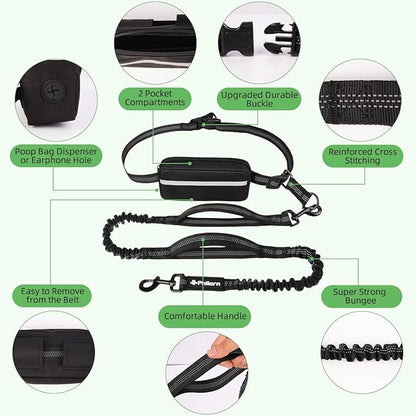 Philorn Hands Free Dog Leash with Pouch, Adjustable Waist Leash for Dog Walking, Running Leashes for Medium Large Dogs, Waist Dog Leashes with Dual Handles and Durable Bungee for Jogging Hiking